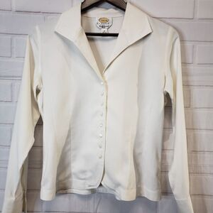 Vintage Talbots Petites White Herringbone Collared Top womens 8 M Shirt medium